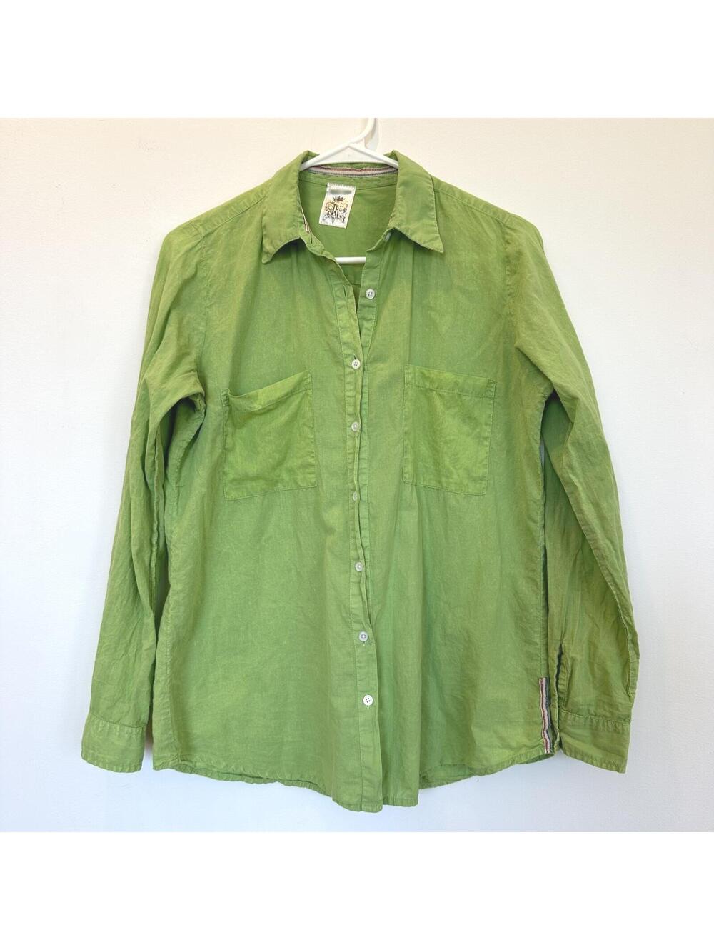 JAK Button Up Shirt Green Women's S Stone Wash USA Casual Roll Tab Long Sleeves